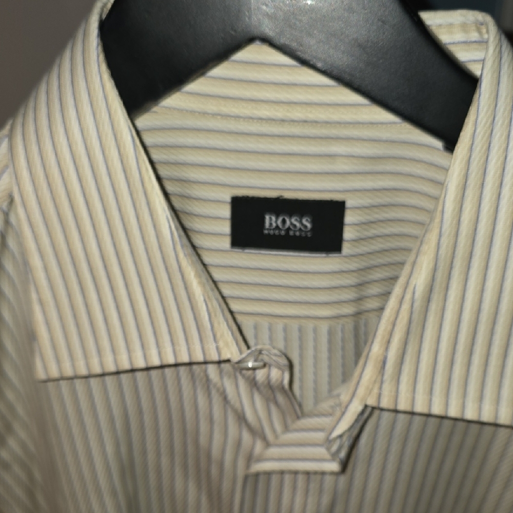 BOSS Cream Dress Shirt with Vertical Stripes